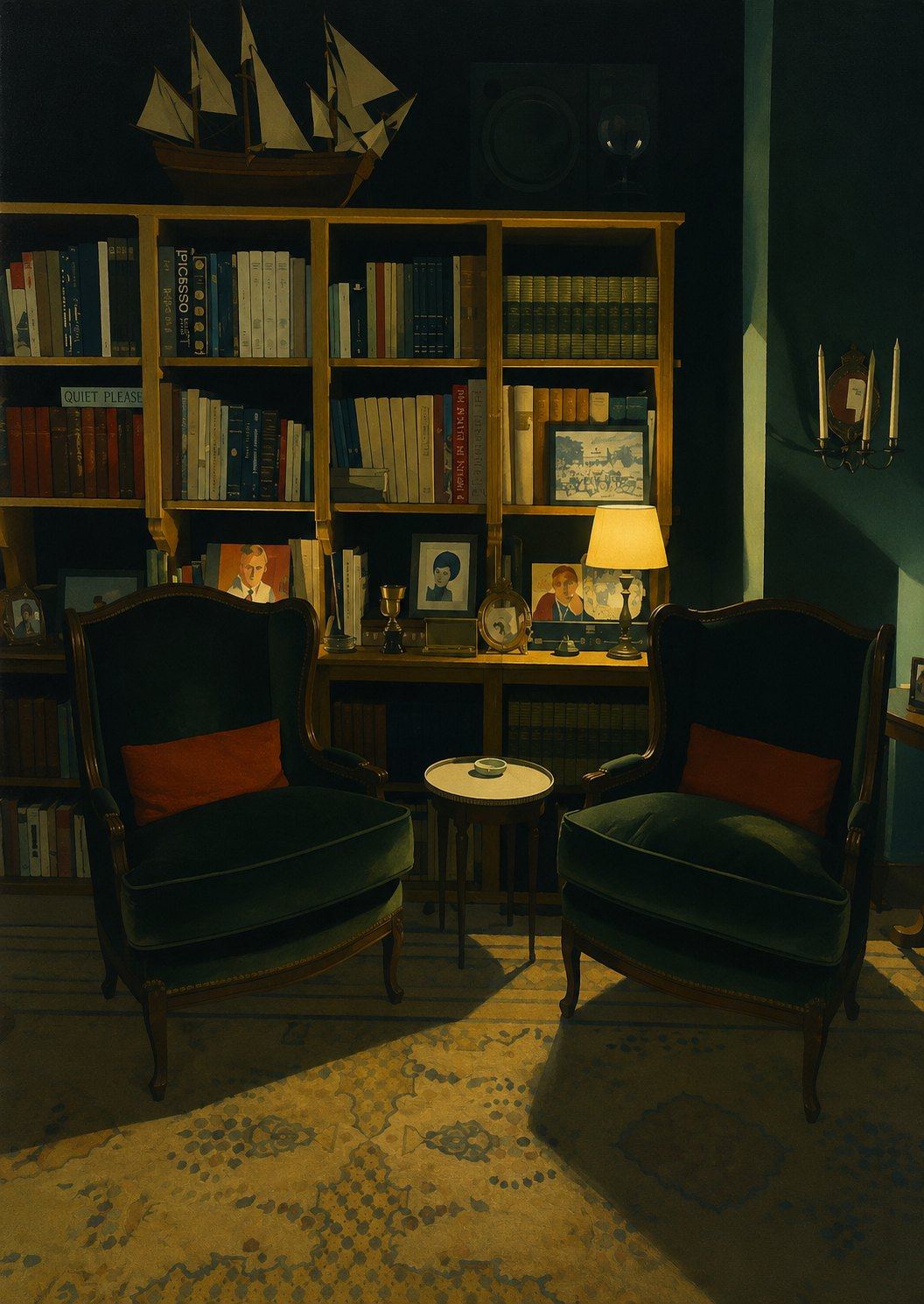 Rincón de lectura con butacas verdes y librería
